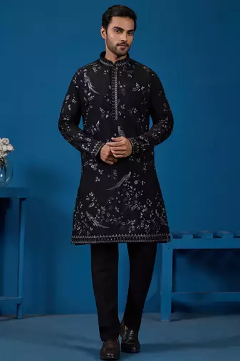 Black viscose silk thread with sequence embroidered work kurta only