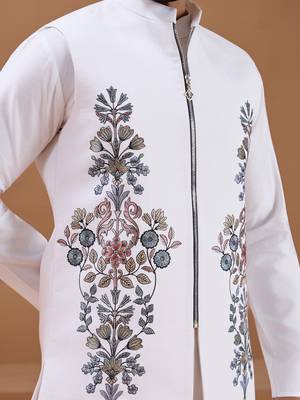 White viscose silk multi thread with sequence embroidered work kurta jacket & bottom 4