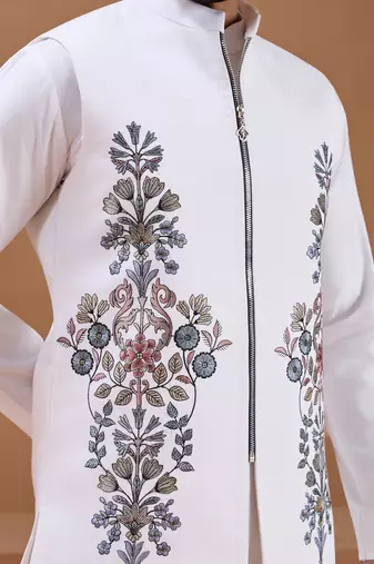 White viscose silk multi thread with sequence embroidered work kurta jacket & bottom