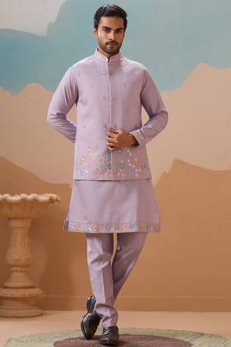 Lavender viscose silk multi thread with sequence embroidered work kurta jacket & bottom