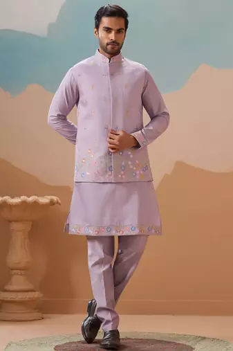 Lavender viscose silk multi thread with sequence embroidered work kurta jacket & bottom