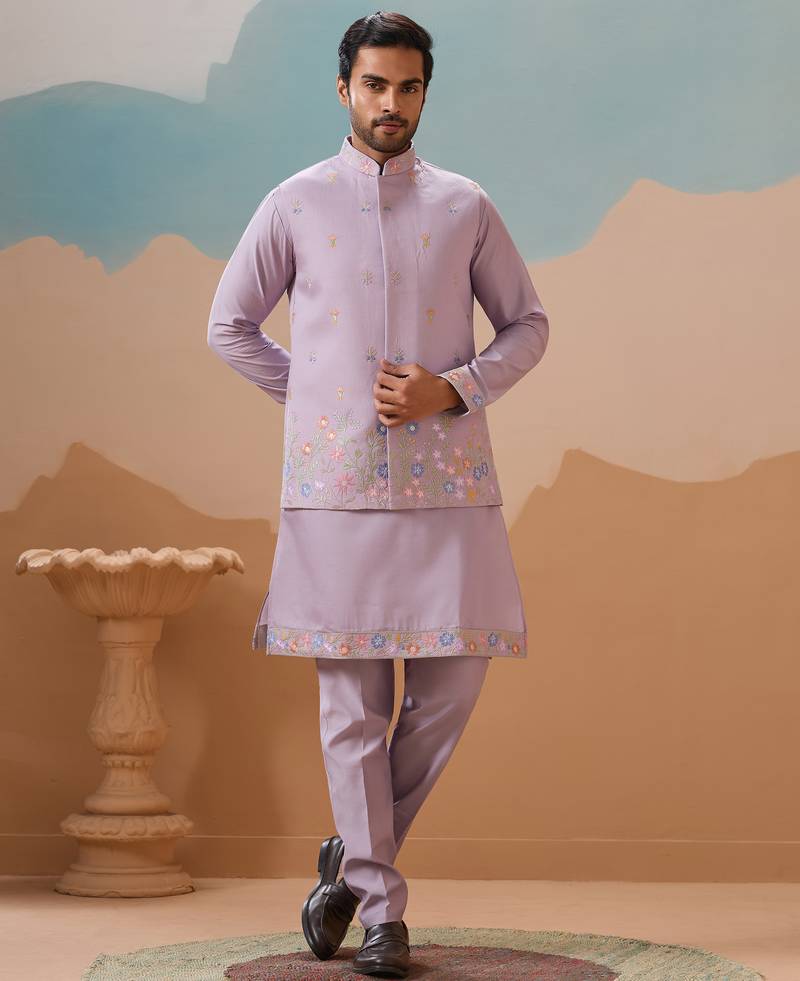 Lavender viscose silk multi thread with sequence embroidered work kurta jacket & bottom