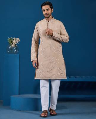 Beige viscose silk thread with sequence embroidered work kurta only 1