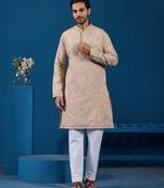 Beige viscose silk thread with sequence embroidered work kurta only