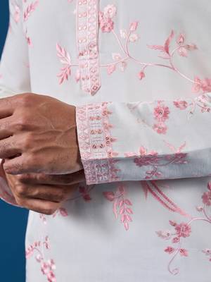 White viscose silk thread with sequence embroidered work kurta only 3