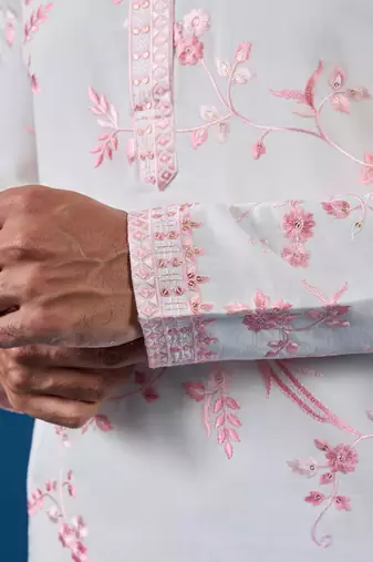 White viscose silk thread with sequence embroidered work kurta only