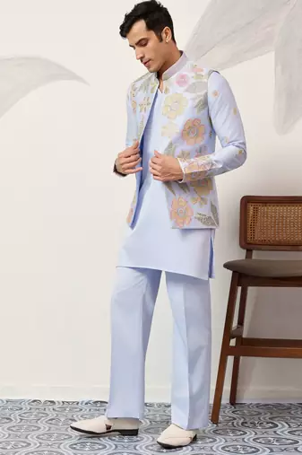 Sky blue satin silk thread with sequence embroidered work kurta jacket & bottom