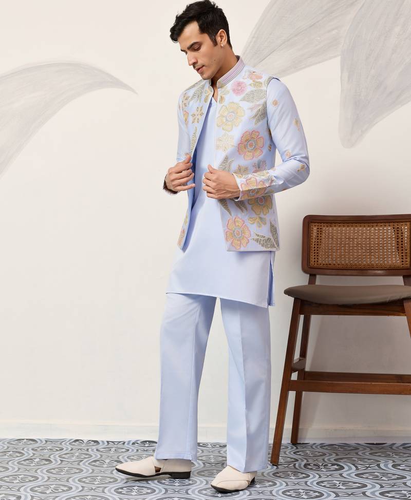 Sky blue satin silk thread with sequence embroidered work kurta jacket & bottom
