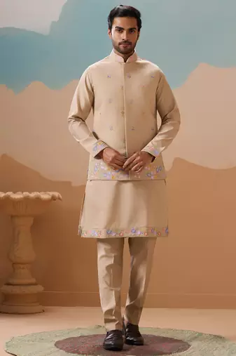 Beige viscose silk multi thread with sequence embroidered work kurta jacket & bottom