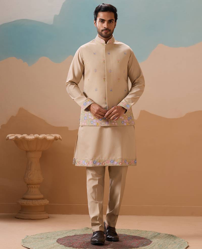 Beige viscose silk multi thread with sequence embroidered work kurta jacket & bottom
