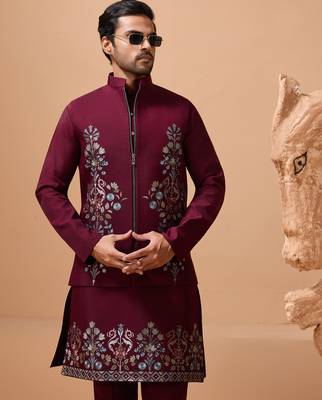 Maroon viscose silk multi thread with sequence embroidered work kurta jacket & bottom 3