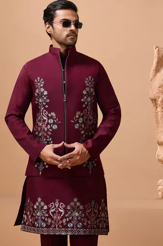 Maroon viscose silk multi thread with sequence embroidered work kurta jacket & bottom