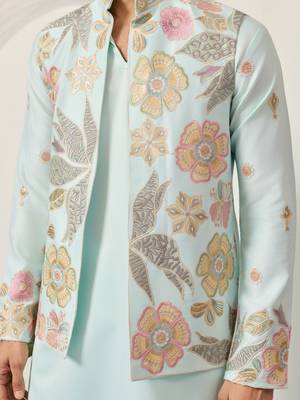 Pista green satin silk thread with sequence embroidered work kurta jacket & bottom 3