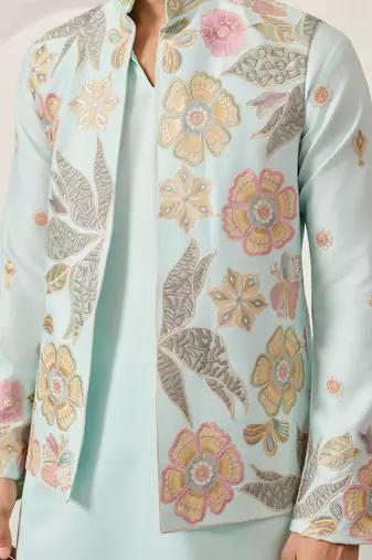 Pista green satin silk thread with sequence embroidered work kurta jacket & bottom
