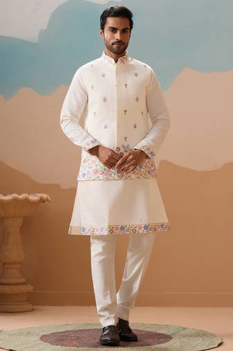 White viscose silk multi thread with sequence embroidered work kurta jacket & bottom