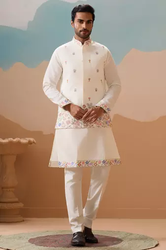 White viscose silk multi thread with sequence embroidered work kurta jacket & bottom