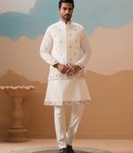 White viscose silk multi thread with sequence embroidered work kurta jacket & bottom