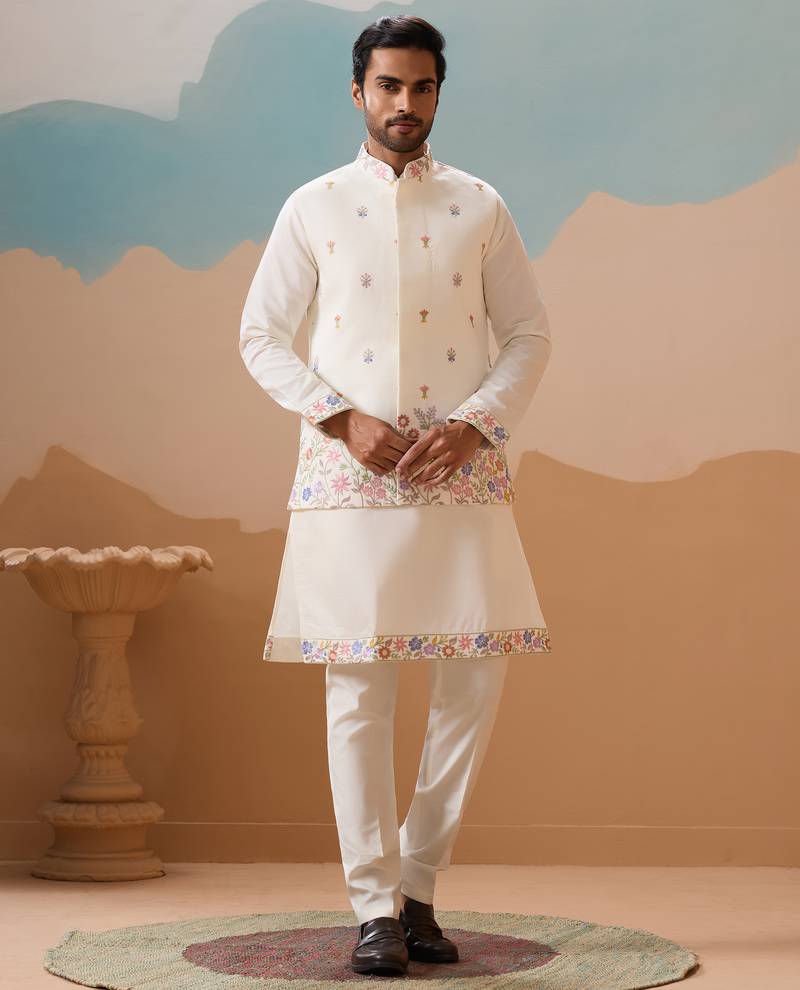 White viscose silk multi thread with sequence embroidered work kurta jacket & bottom
