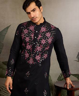 Black viscose silk real mirror with thread & sequence embroidered work kurta only 3
