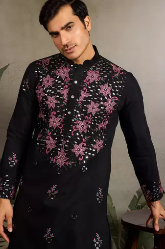 Black viscose silk real mirror with thread & sequence embroidered work kurta only