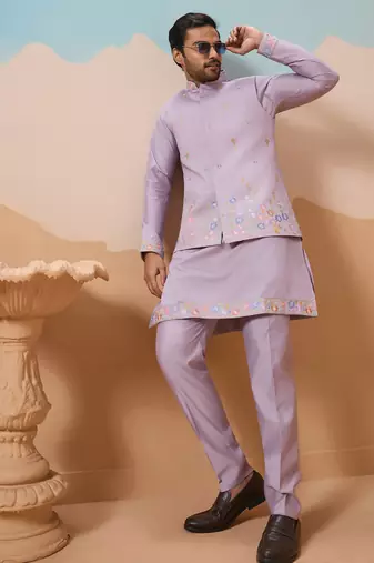 Lavender viscose silk multi thread with sequence embroidered work kurta jacket & bottom