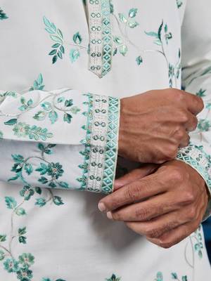 White viscose silk thread with sequence embroidered work kurta only 3