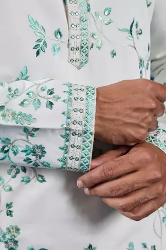 White viscose silk thread with sequence embroidered work kurta only