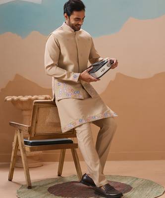 Beige viscose silk multi thread with sequence embroidered work kurta jacket & bottom 2