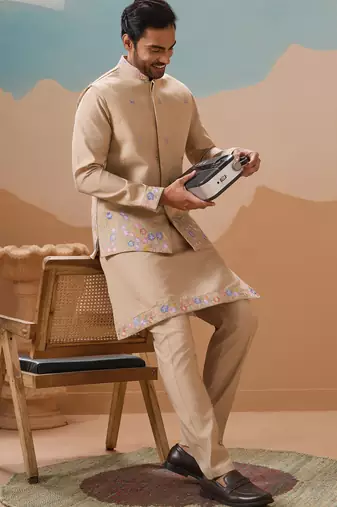Beige viscose silk multi thread with sequence embroidered work kurta jacket & bottom