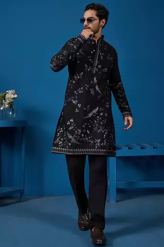 Black viscose silk thread with sequence embroidered work kurta only