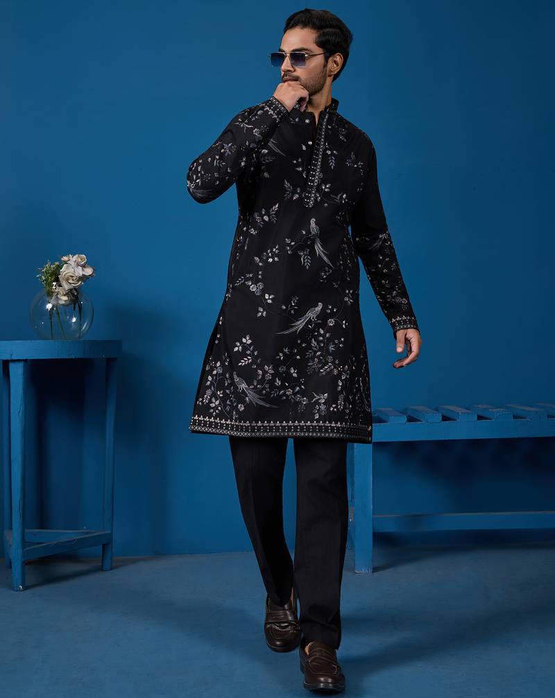 Black viscose silk thread with sequence embroidered work kurta only