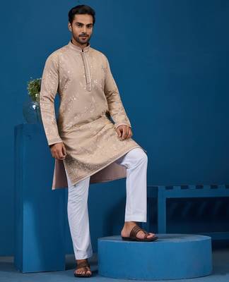 Beige viscose silk thread with sequence embroidered work kurta only 2