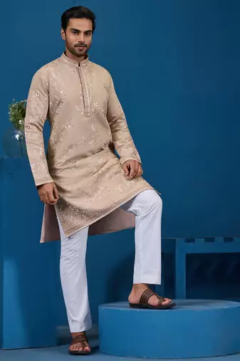 Beige viscose silk thread with sequence embroidered work kurta only