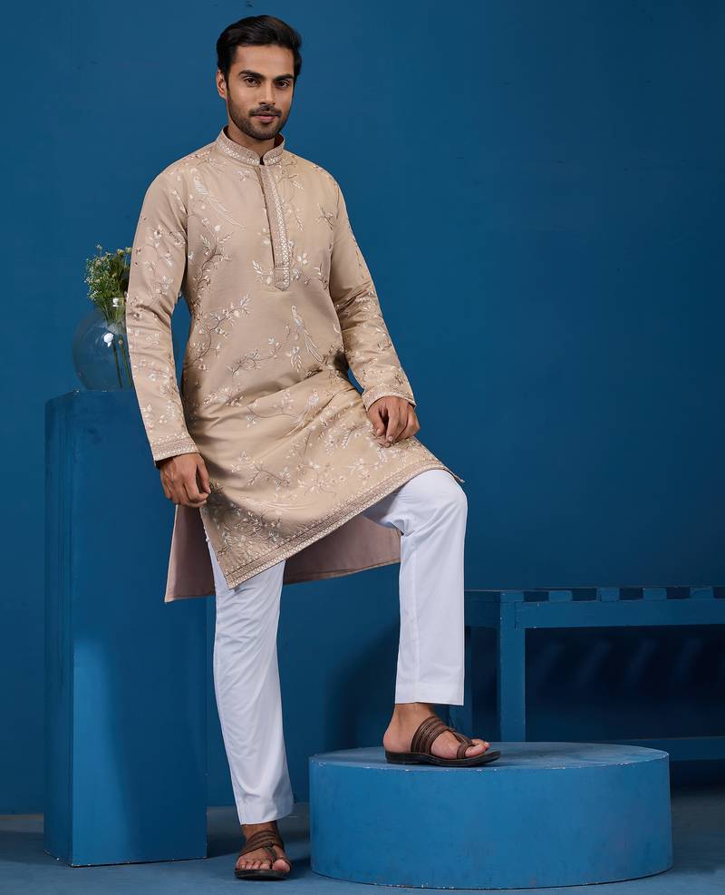 Beige viscose silk thread with sequence embroidered work kurta only