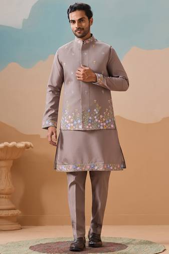 Grey viscose silk multi thread with sequence embroidered work kurta jacket & bottom