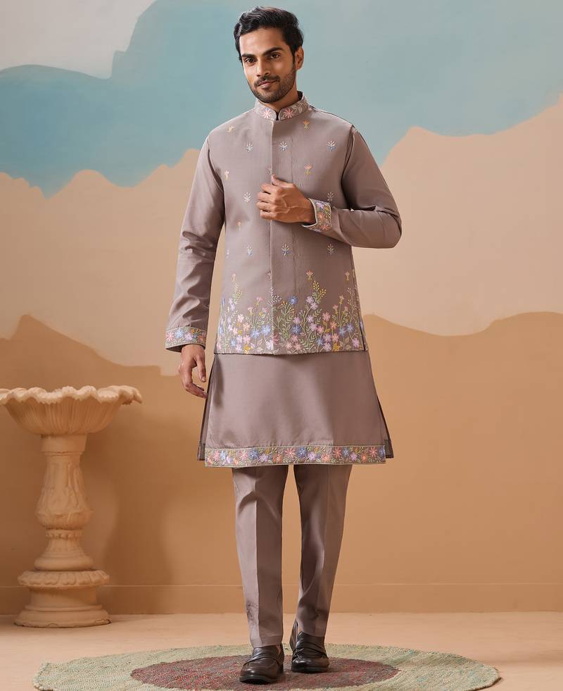 Grey viscose silk multi thread with sequence embroidered work kurta jacket & bottom