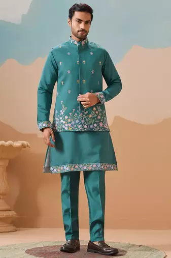 Rama green viscose silk multi thread with sequence embroidered work kurta jacket & bottom