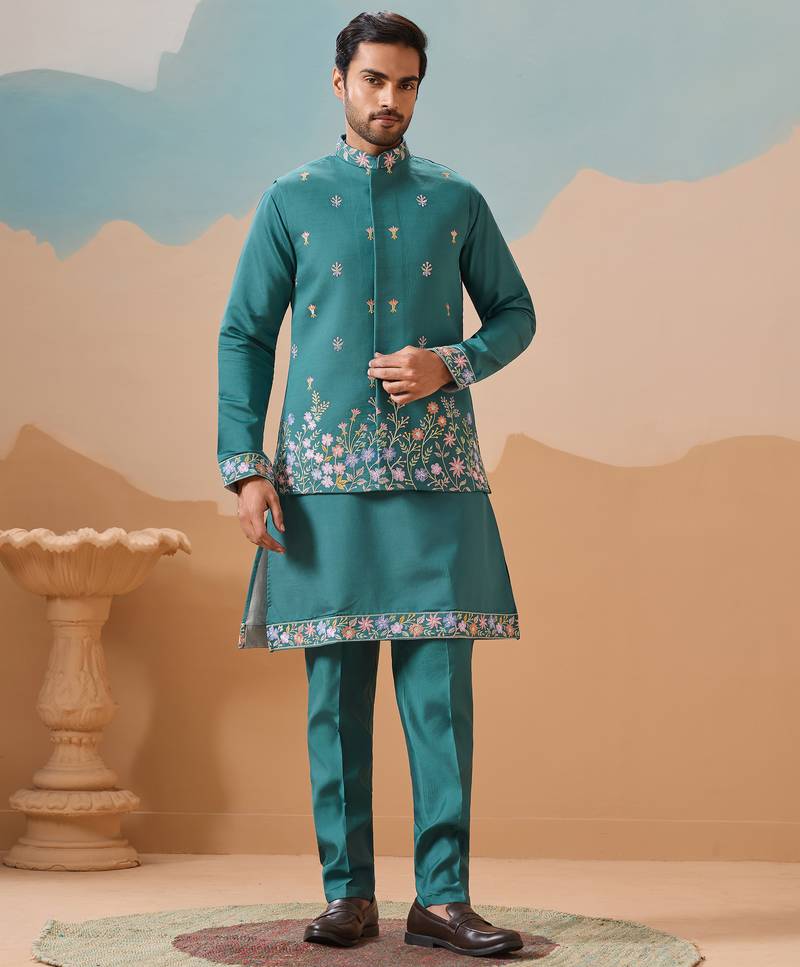 Rama green viscose silk multi thread with sequence embroidered work kurta jacket & bottom