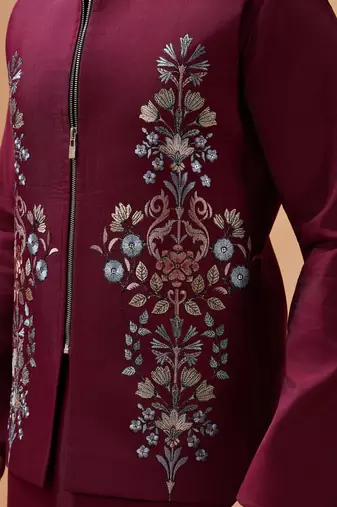 Maroon viscose silk multi thread with sequence embroidered work kurta jacket & bottom