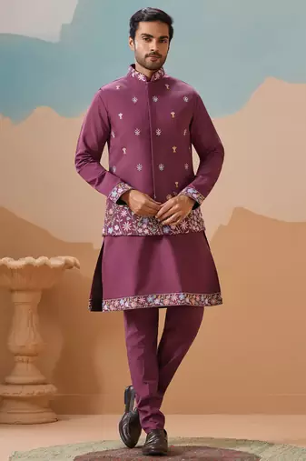 Dusty pink viscose silk multi thread with sequence embroidered work kurta jacket & bottom