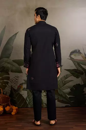 Black viscose silk real mirror with thread & sequence embroidered work kurta only