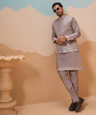 Grey viscose silk multi thread with sequence embroidered work kurta jacket & bottom 2