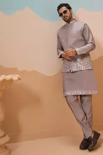Grey viscose silk multi thread with sequence embroidered work kurta jacket & bottom