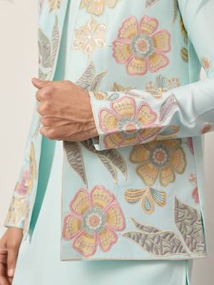 Pista green satin silk thread with sequence embroidered work kurta jacket & bottom 4