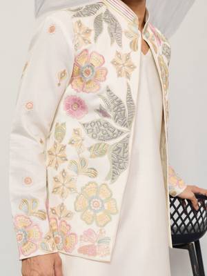 White satin silk thread with sequence embroidered work kurta jacket & bottom 2