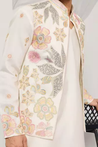 White satin silk thread with sequence embroidered work kurta jacket & bottom