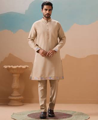 Beige viscose silk multi thread with sequence embroidered work kurta jacket & bottom 3