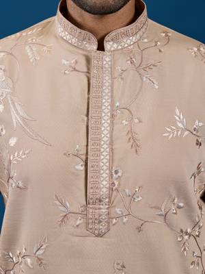 Beige viscose silk thread with sequence embroidered work kurta only 3