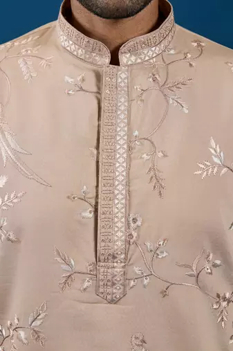 Beige viscose silk thread with sequence embroidered work kurta only