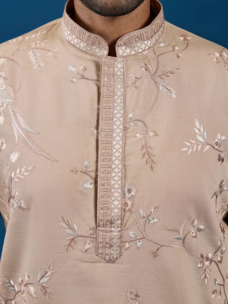 Beige viscose silk thread with sequence embroidered work kurta only